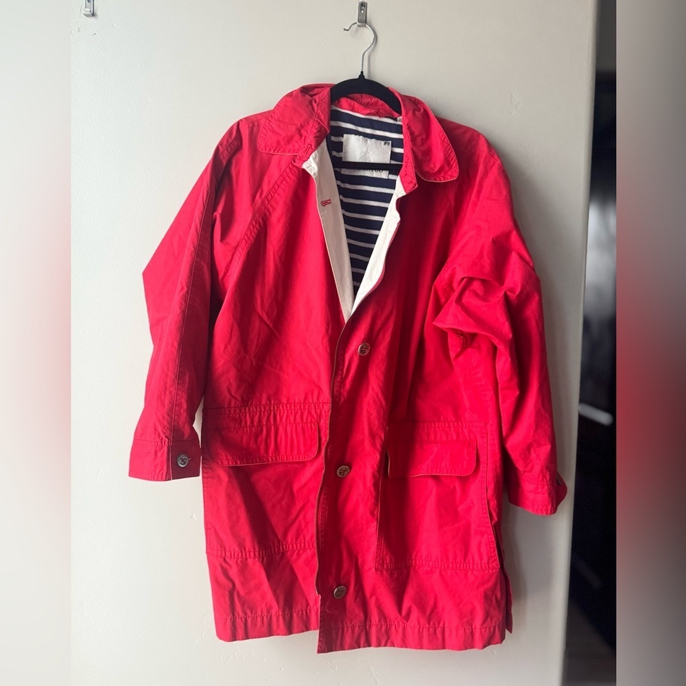London Fog Red Nautical Raincoat Marine Anchor Preppy Trench Coat Old Money S